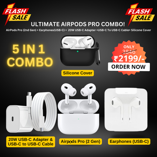Trending 5 in 1 Combo with AirPods Pro (2nd Gen) + Earphones(USB-C) or 20W USB-C Adapter with Cable + Silicone Cover